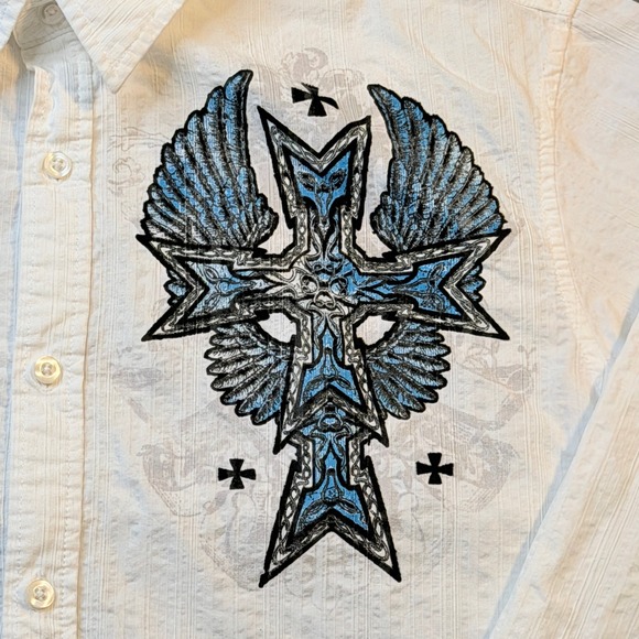 Helix Shirt Mens XL White Long Sleeve Button Down Gothic Cross Angel Wings Y2K - Picture 3 of 8